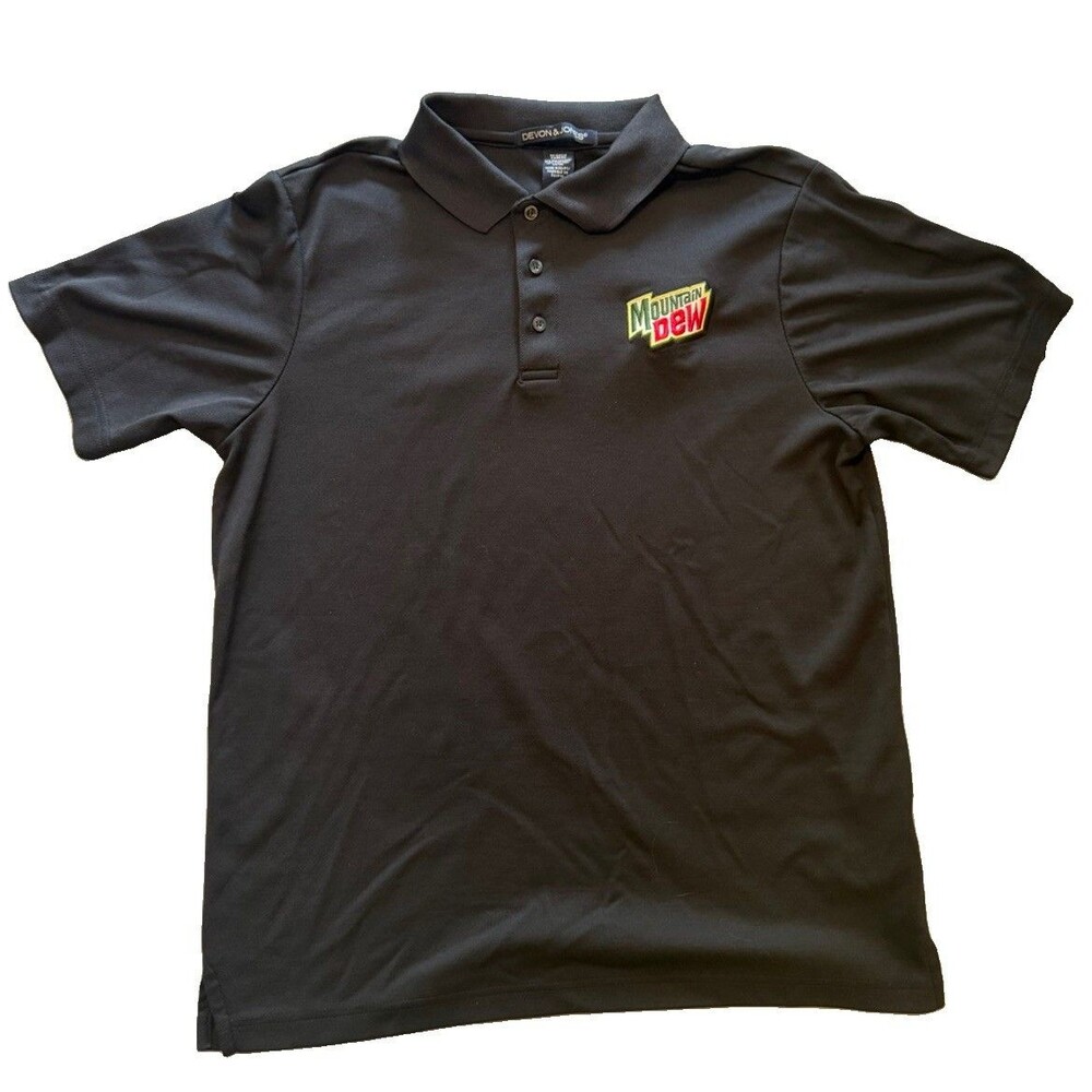 Devon & Jones Polo Shirt Mens M Black Mountain Dew Soda Logo Embroidered Short